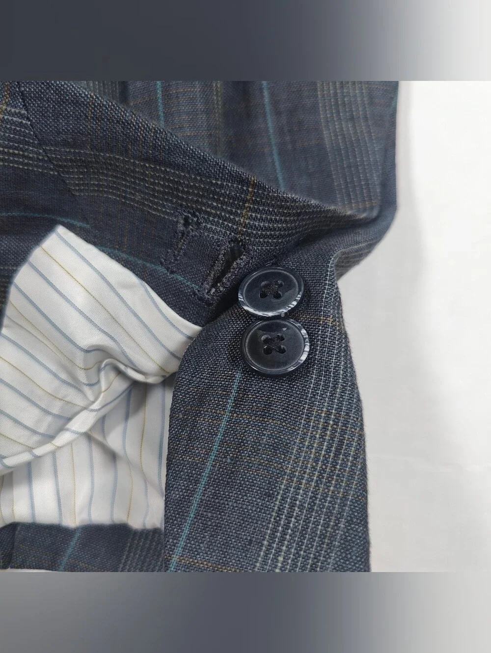 Bianco Brioni Mens Blue Grey 100% Linen Plaid Blazer Size 40R Made In Italy